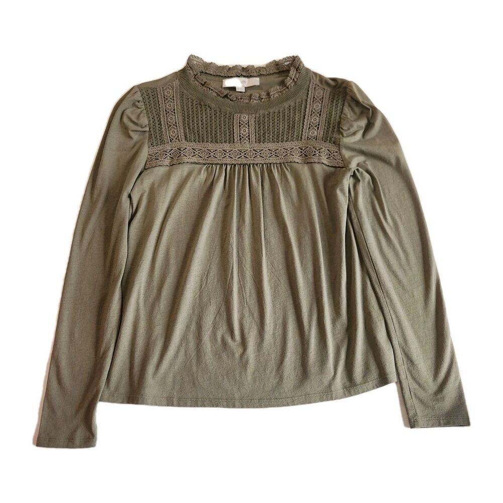 Loft Romantic Feminine Green Blouse With Lace Smock Neck Sz XS